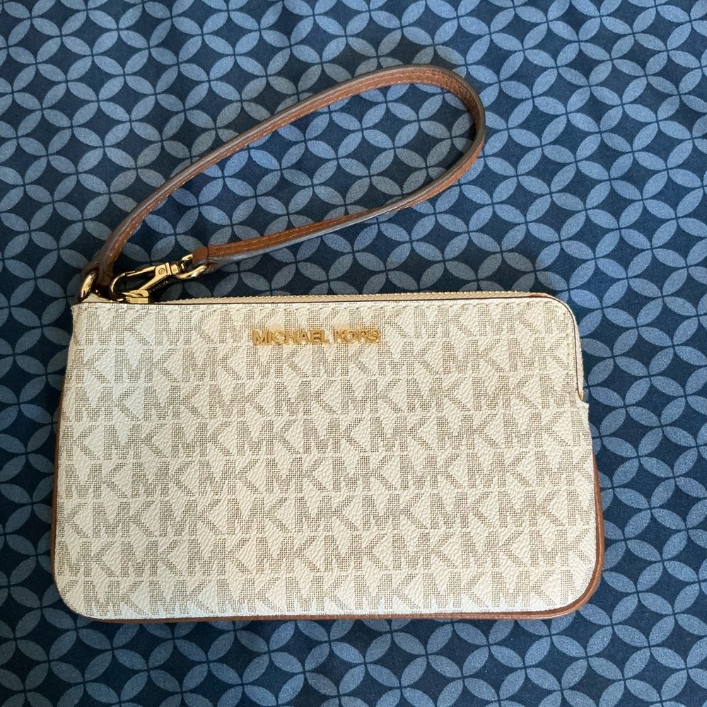 Michael Kors Cream and Brown Monogram Wristlet